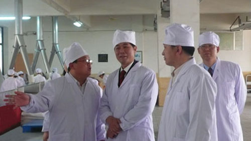 卢军会长（左二）、财务总监王伟杰先生（右一）在阎长法市长的陪同下考察莲花味精车间